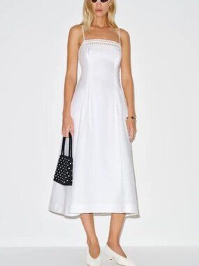 NEW Reformation Pomona Linen Lace Trim Midi Dress White | US 2 UK 6